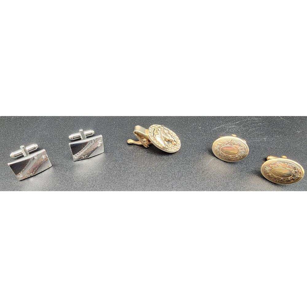 Vintage Cufflinks & Horse Head Tie Clip Set Gold Silver Mixed Lot